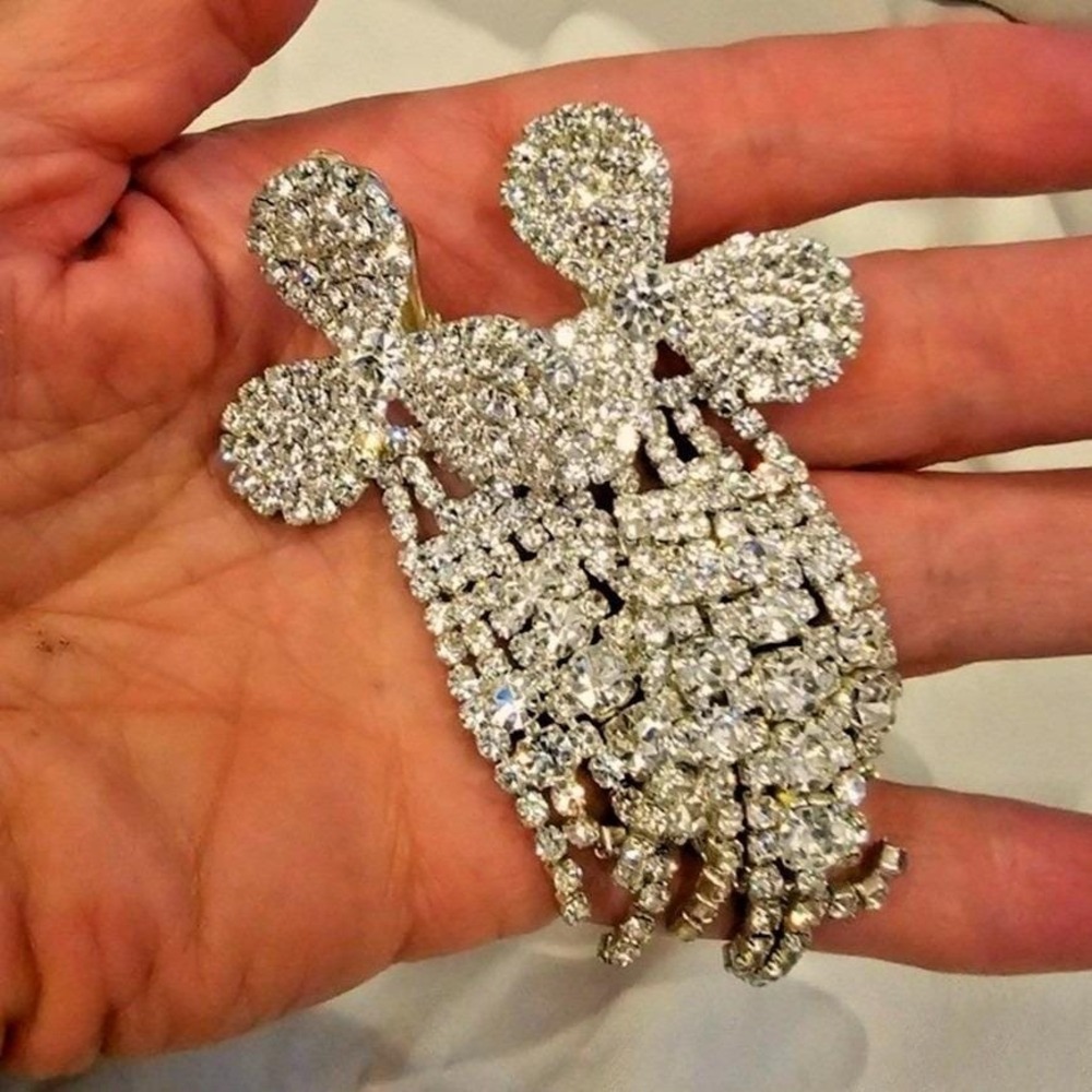 Vintage Silver Tone Rhinestone Waterfall Fringe Clip On Chandelier Earrings